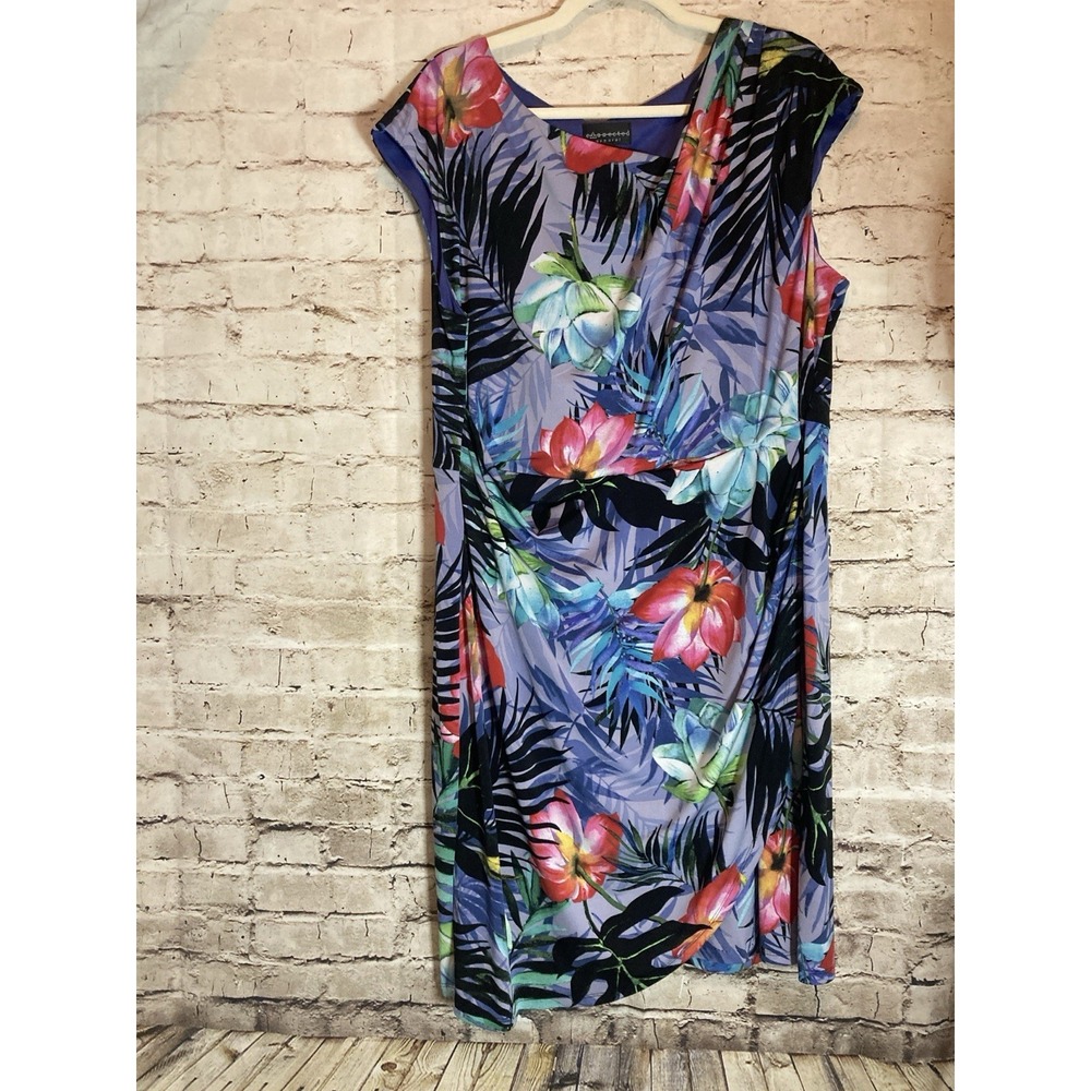 Connected Tropical Sheath Dress 18W Colorful Hibiscus Florals Ruched Stretch‎